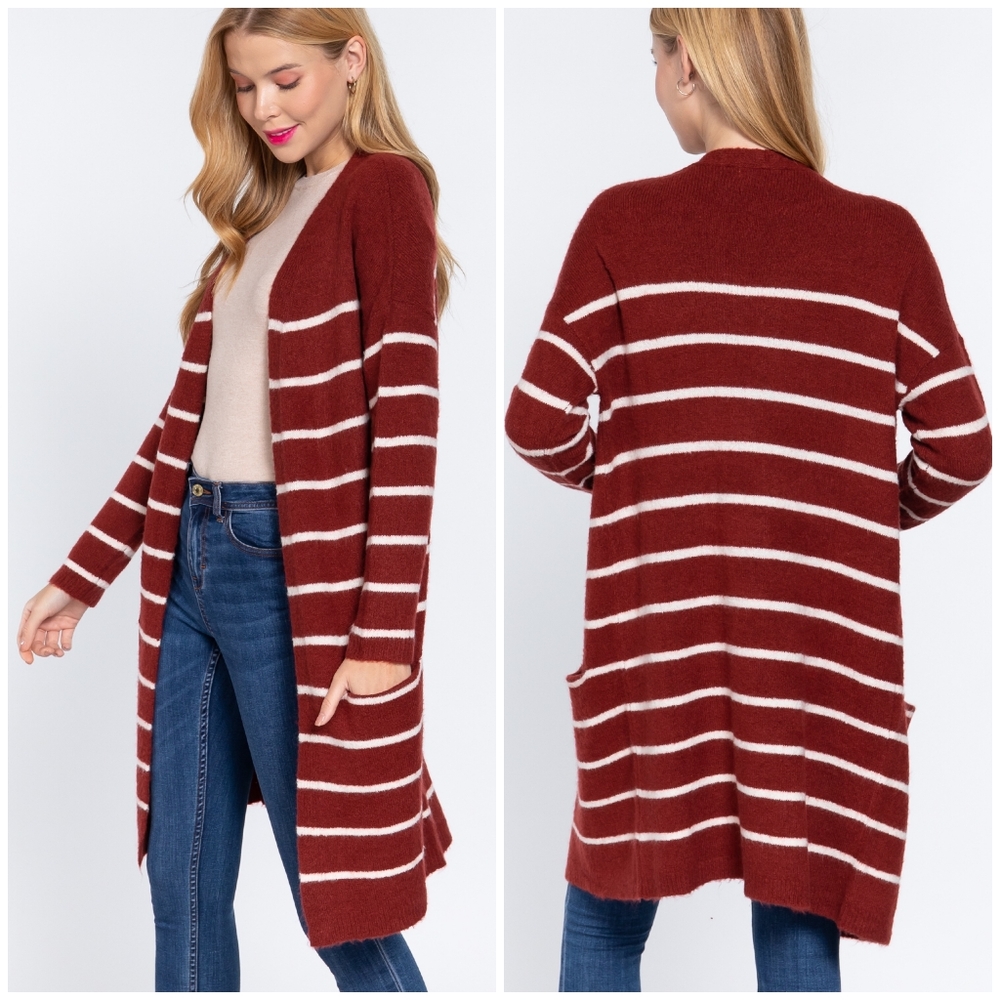 FEW LEFT❗️Cozy Chic Burgundy Striped Long Open Cardigan - Picture 5 of 8
